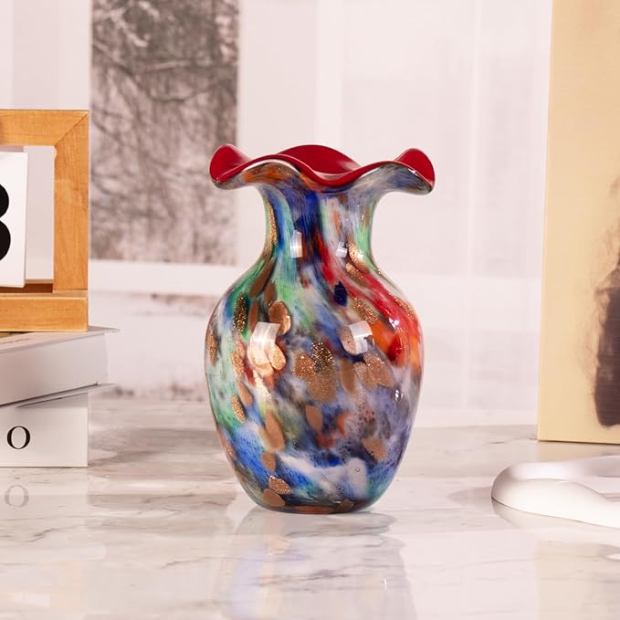 KAMMAK Colored Glass Vase, Beautiful Hand Blown Decorative Vase, Modern Art Vase for Flower Mantle Dining Table Centerpiece, Entryway Living Room Wedding Decoration, FH018