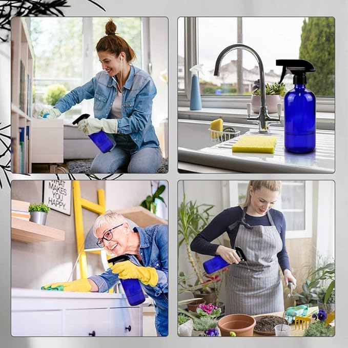 Glass Spray Bottles, 16oz Blue Glass Spray Bottles with Labels & Adjustable Nozzle, Reusable Containers for Cleaning, BBQ, Food, Plants, Alcohol, Essential Oils(3 Pack)