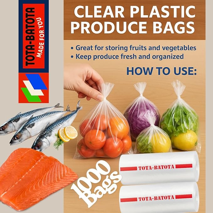 Plastic Produce Bags on Rolls – 1000 Count (2 Rolls), 10 x 15 in, Clear Food Storage Bags with Easy Tear Red Line, for Fruits, Vegetables, Meat, Freezer, Grocery & Commercial Use-TOTA-BATOTA