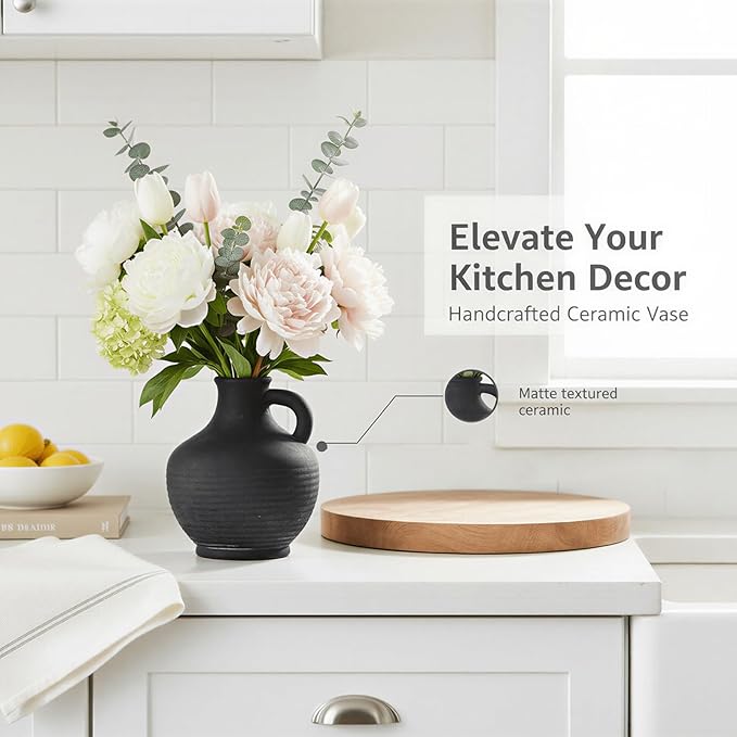 6-Inch Black Ceramic Flower Vase with Handles, Rustic Farmhouse Boho Pottery Centerpiece for Table, Living Room, Shelf & Mantel