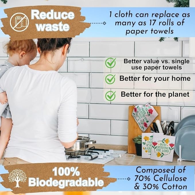 Swedish Dishcloths for Kitchen - Ecofriendly Reusable Paper Towels, Biodegradable Dish Cloths - Cellulose Sponge Dish Cloths for Washing Dishes - 8 Pack (Christian Messages)