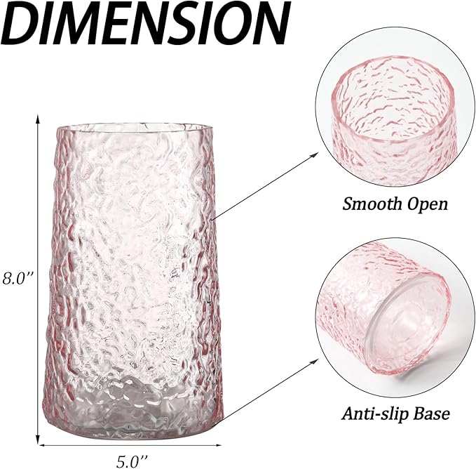 Pink Glass Vase, Flower Vases for Bouquet, Modern Glass Vase for Flowers, Large Vases for Living Room, Bedroom, Kitchen, Office, Wedding, Dining Table, 8 Inches