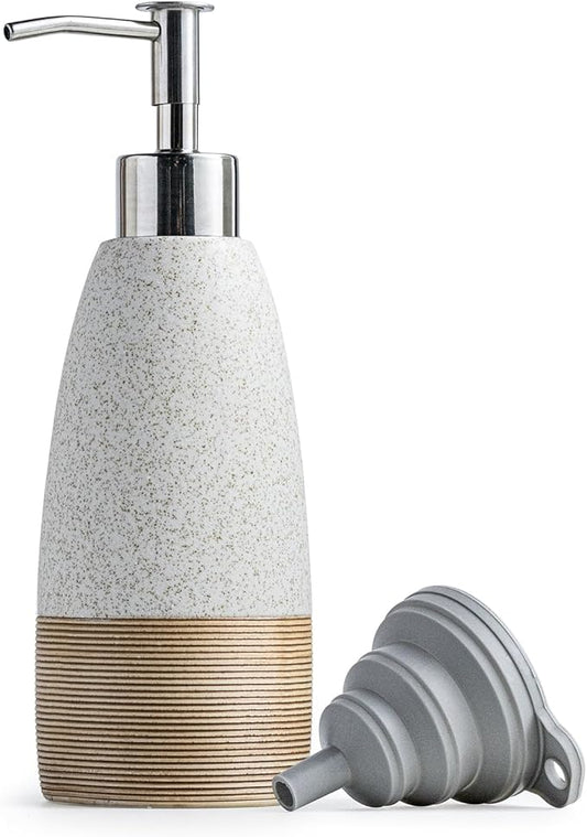 12oz Dish Soap Dispenser with 2 Pumps for Hand Soap, Shampoo, Lotion, Conditioner, Ceramic Refillable Soap Bottle with Silicone Funnel for Thanksgiving, Christmas Bathroom, Kitchen, Speckled White