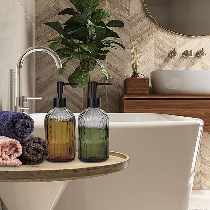 2 Pack 11oz Glass Soap Dispenser with Plastic Pump, Vertical Stripe Design Refillable Hand Soap Dispenser for Hand Wash, Bathroom and Kitchen