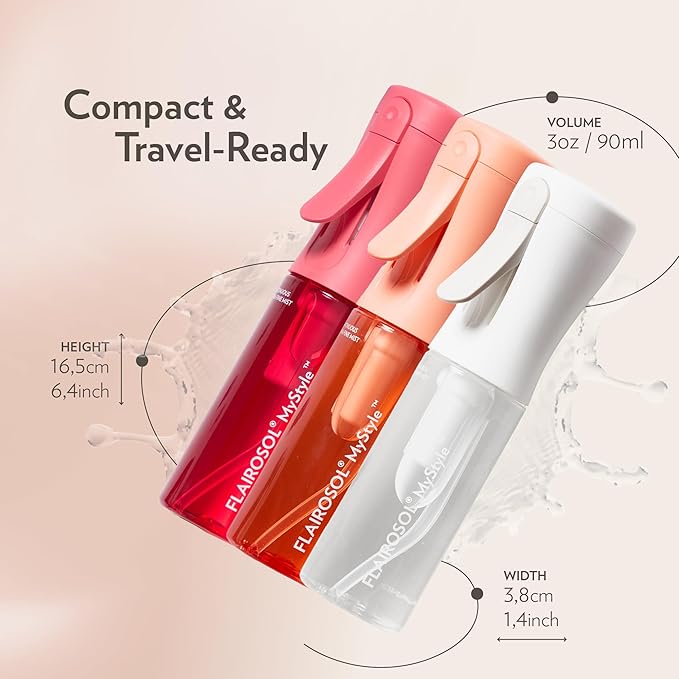 FLAIROSOL MyStyle, Spray Bottle for Hair- 3 Pack Small Travel Spray Bottle, Ultra Fine Continuous Water Mist for Face, Hairstyling, Salon, Cleaning, Beauty, Toners, Hydration & Makeup, 3.04oz / 90ml