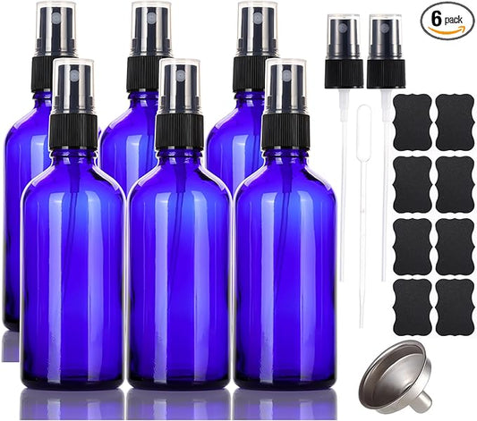 3.4 oz Glass Blue Spray Bottles,Small Empty Fine Mist Refillable Travel Spray Bottle for Cleaning,Perfume,Aromatherapy,Cosmetic Sprays,Hair,Essential Oils with Fine Mist Dispenser（6 Pack）