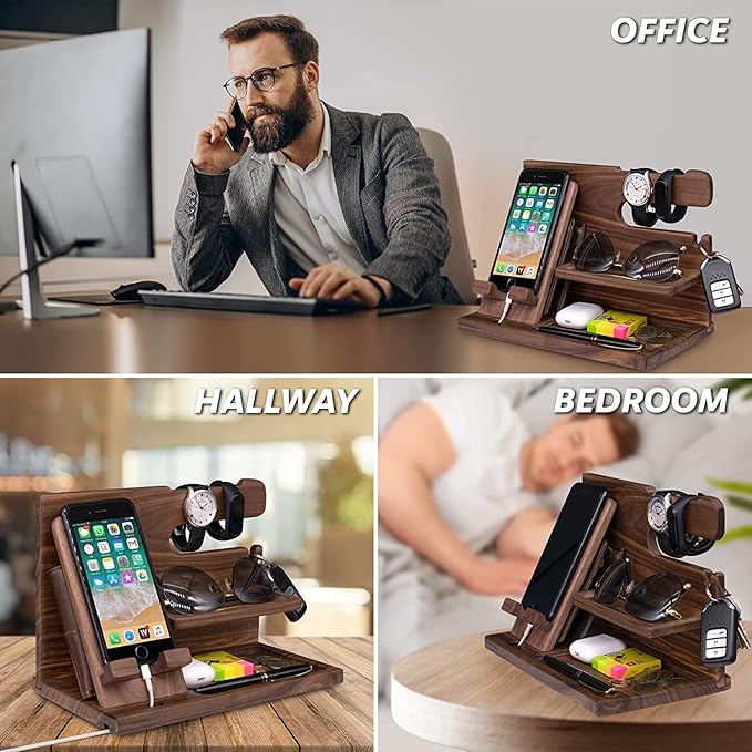 Phone Docking Station For Husband, Boyfriend - Handmade Unique Nightstand Organizer For His Accessories - Personalized Gift Ideas for Dad, Grandpa Him on Father's Day, Birthday, Anniversary