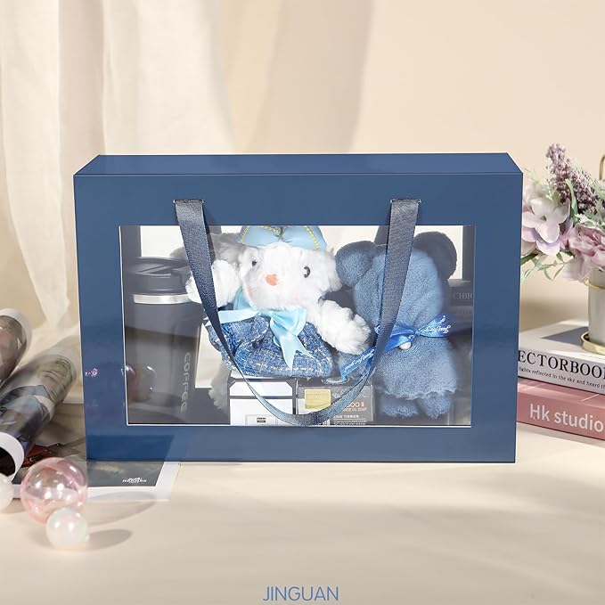 Large Navy Blue Clear Gift Boxes, 13.5x9x4.1 Inches, 5 Pack with Windows by Handles, Magnetic Closure, Suitable for Various Occasions