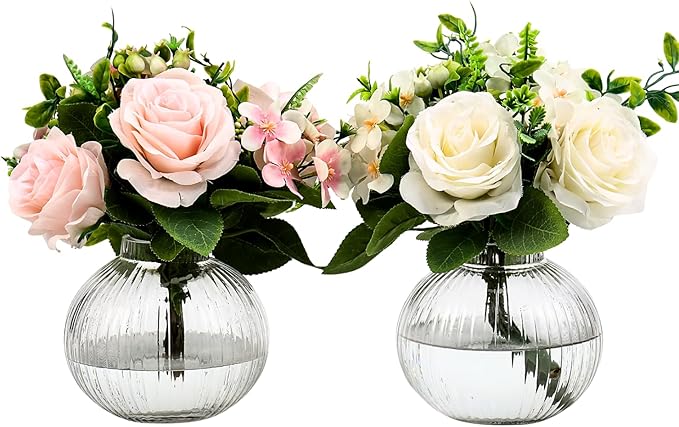 Round Glass Vases, Set of 2 Small Vases for Flowers, Clear Glass Vase for Tulips, Modern Vase for Living Room, Office, Coffee Table, Shelf, Wedding, 5 Inches
