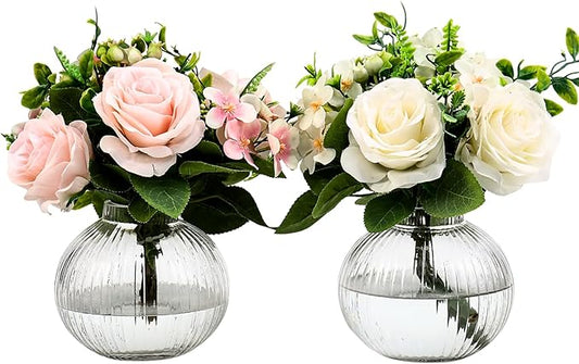 Round Glass Vases, Set of 2 Small Vases for Flowers, Clear Glass Vase for Tulips, Modern Vase for Living Room, Office, Coffee Table, Shelf, Wedding, 5 Inches