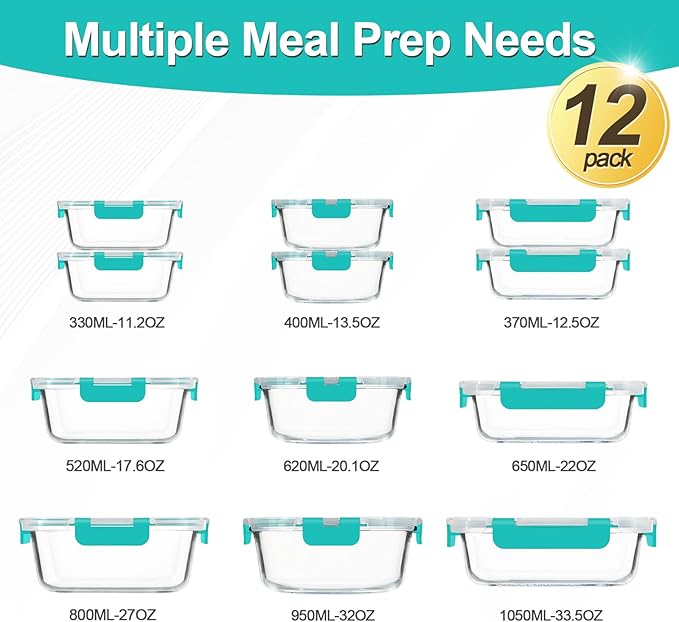 KAMOTA Glass Food Storage Containers, Green Glass Meal Prep Containers, Airtight Containers with Snap-Lock Lids, Set of 12, for Microwave/Oven/Freezer/Dishwasher