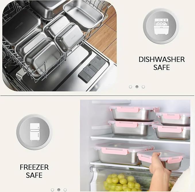 8 PCS-4-Size Stainless Steel Lunch Box- Leakproof & Dishwasher Safe, Stackable Stainless Steel Food Containers, Metal Bento Box for Work,Travel (58/41 /24 /14Oz, Pink)