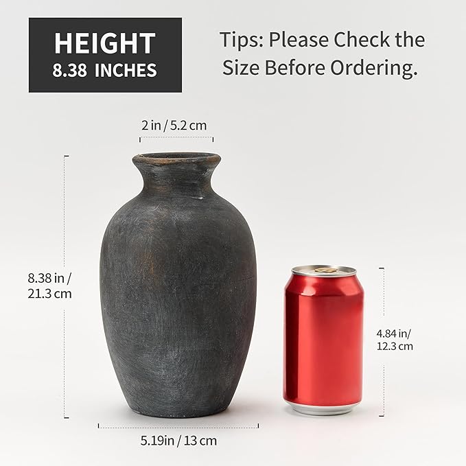 Ceramic Rustic Flower Vase, 8.38 Inch Vintage Pottery Home Decor, Farmhouse Terracotta Vase for Living Room, Table, Shelf, Mantel Decoration, Farmhouse - Black Bronze