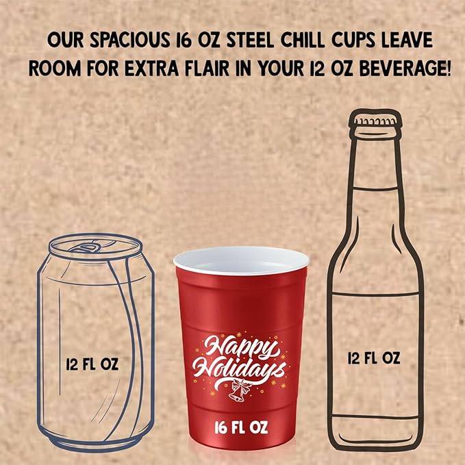 16 oz. Party Cups 'Happy Holidays' Christmas Tree Design for Cold Drinks, Durable, Disposable, Recyclable, Made in USA, Red, 12 Count