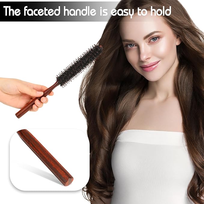 Boar Bristle Hair Brush for Women and Men, Small Round Hiarbrush Blow Drying Brush Soft Bristle Styling Hair Brush with Natural Wood Handle for Straightening Curling Volumizing and Detangling