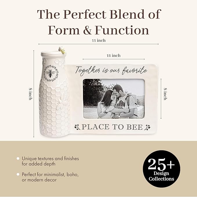 youngs Inc Ceramic Bee Vase w/Photo Frame, White, Black, 11.25" Length x 3.00" Width x 8.00" Height