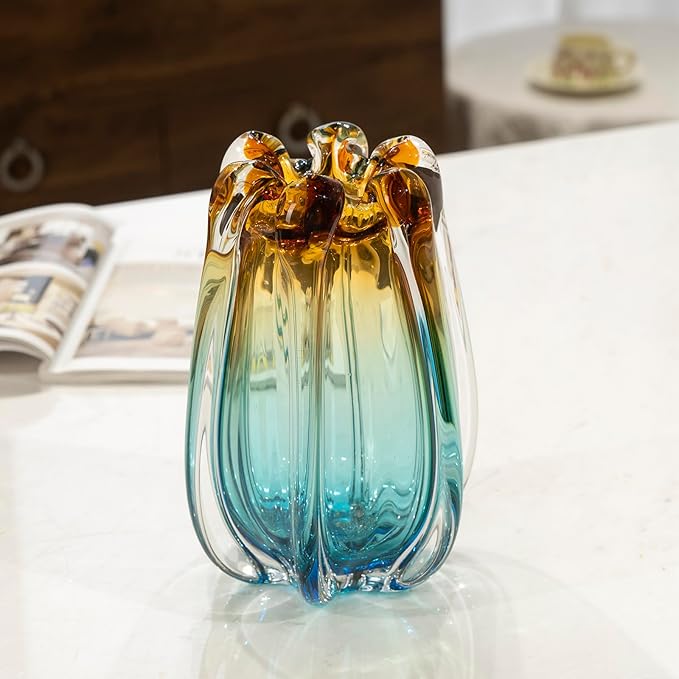 Hand Blown Glass Flower vases, Unique Glass vases, Wide Mouth vases, Small Modern Art Deco Glass vases for Home Living Room, Office, Table centerpieces, Bookshelves and Wedding Decorations