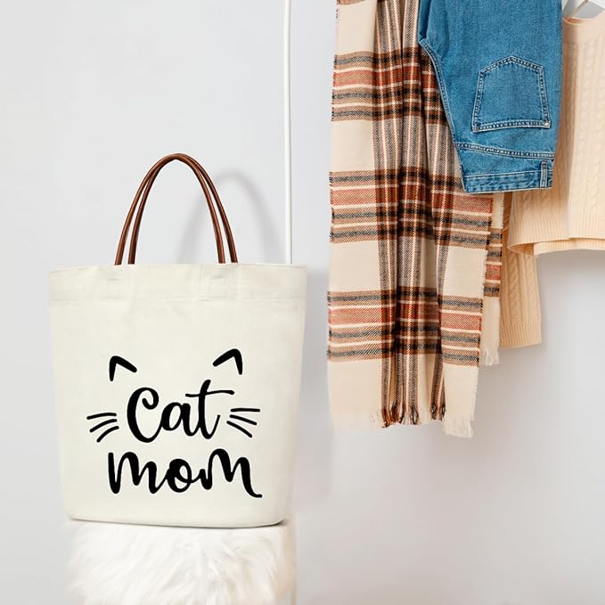 Canvas Tote Bag for Women, Birthday Gifts, Aesthetic Reusable Grocery Shopping Bags With Leather Handles