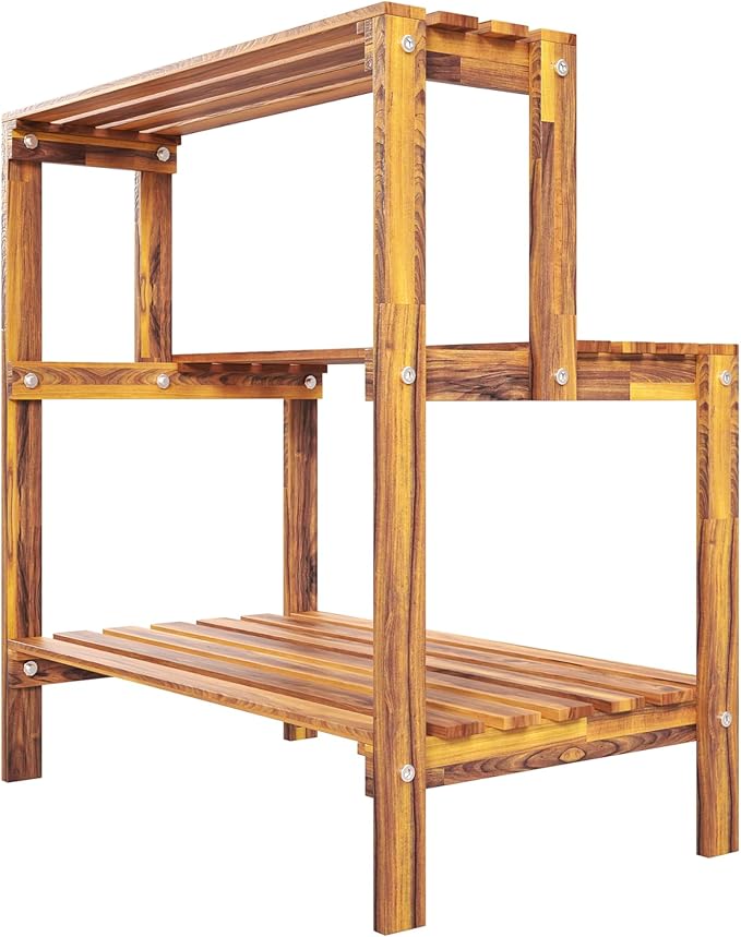 Rustic Acacia Wood Plant Stand, Multi-Tier Indoor Outdoor Corner Display Shelf, Wooden Flower Pot Holder for Home Garden Patio