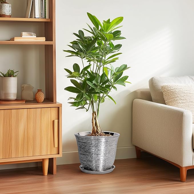 10 Inch Plant Pot - Ceramic Planter with Drainage Hole and Plant Saucer, Round Planter for Indoor Outdoor, Large Modern Decorative Flower Pots, Living Room Decor, Plant Lovers Gifts, Silver