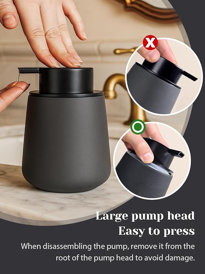 INGOFIN Ceramic Lotion Dispenser - 12oz Refillable Hand Soap Dispenser Bathroom, Modern Liquid Soap Dispenser with Pump, Dish Dispenser for Kitchen, Matte Grey