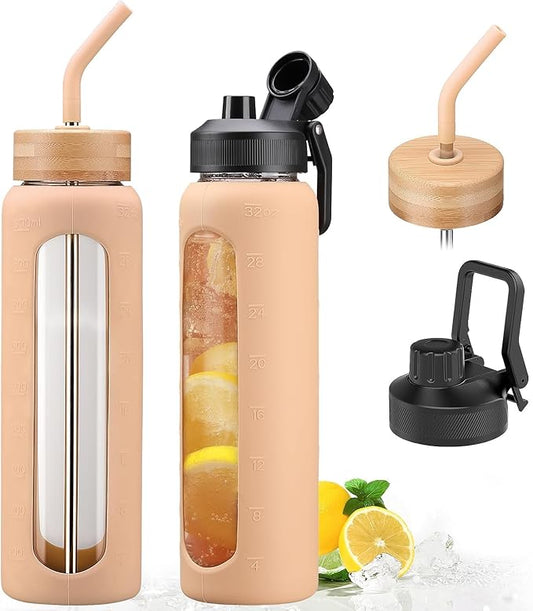 32oz Glass Water Bottle with Straw and 2 Lids- Bamboo and Spout Lid,Motivational Sports Water Bottle with Silicone Sleeve and Time Marker,Reusable for Gym, Outdoors, Amber