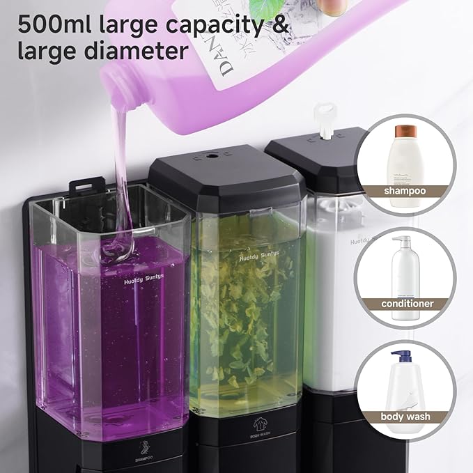Shower Soap Dispenser Wall Mounted Shower Dispenser 3 Chamber No Drill Shampoo and Conditioner Dispenser Refillable Shampoo Dispener for Shower 3 * 500ml for Bathroom Hotel (Black 3 Chamber)