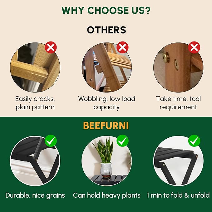 BEEFURNI Acacia Stand Indoor, Wooden Outdoor Plant Stand, Foldable Corner, 3 Tier Plant Stand, Easy Assembly, Plant Bench Patio Balcony Sunroom Decor, Christmas Gift, 1-year Warranty