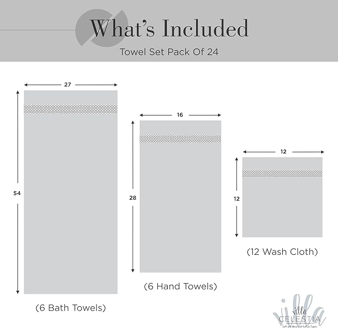 100% Cotton Bath Towel Set of 24-6 Bath Towels, 6 Hand Towels, 12 Wash Cloths, Sustainable, Soft, Highly Absorbent, Combed Cotton 24 Piece Set for Hotels, Spa, Bathroom, Dorm, Black