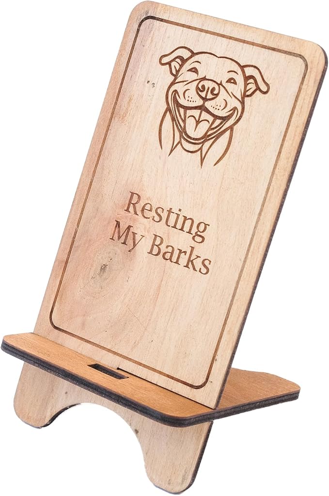 Design Your Own Phone Stand Personalized Wooden Holder Custom Pet Name Engraved Handmade Desk and Home Accessory Gift (Resting My Barks Pitbull)