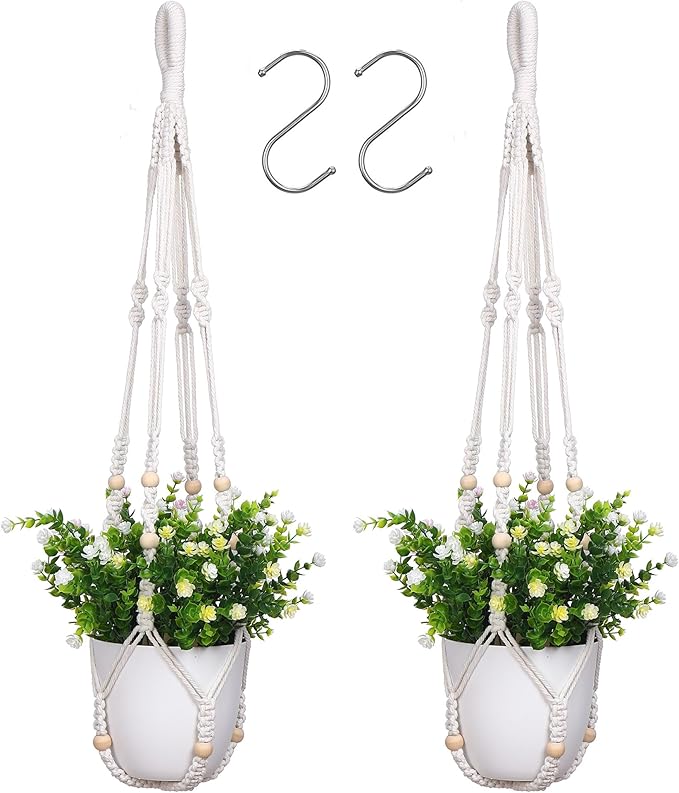 YIBOT Macrame Plant Hanger Indoor Outdoor, Up to 4-15 inch Pot, Heavy 20lb Planters, Extra Long Strong Hanging Planter Basket, Boho Home Decor, 35 Inch, Ivory, Set of 2 (POTS NOT Included)