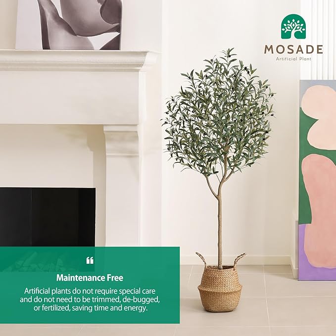 Artificial Olive Tree 6FT – Tall Faux Tree with Realistic Silk Leaves, Handmade Seagrass Basket, Low-Maintenance Large Fake Plants for Modern Office, Floor & Home Decor, Living Room, Indoor Plants