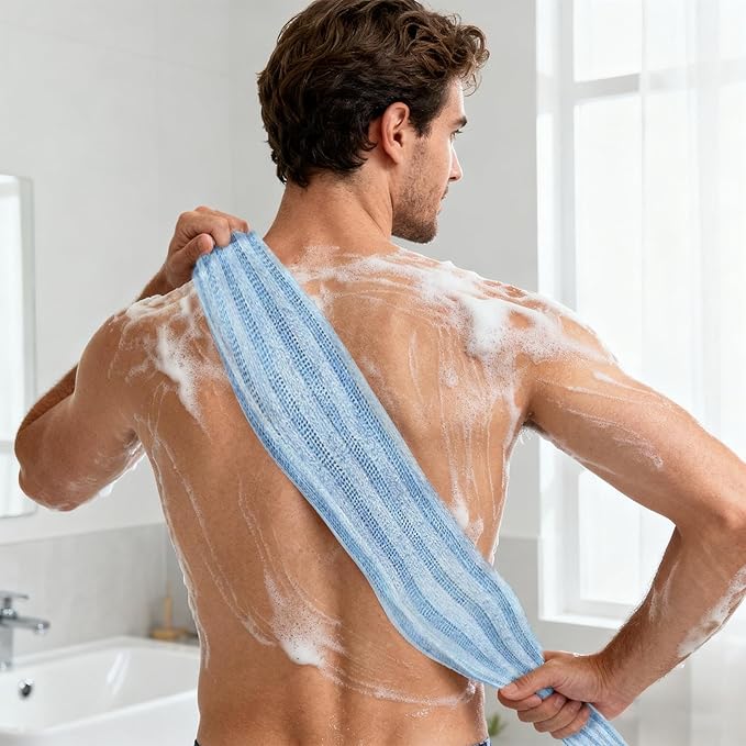 Quick Drying Bath Towel, Gentle Skin, Super Absorbent Cotton, Extendable Back Brush, Home Spa Accessory for Bathroom Shower Sauna Indoor Daily Use Family Adults Kids