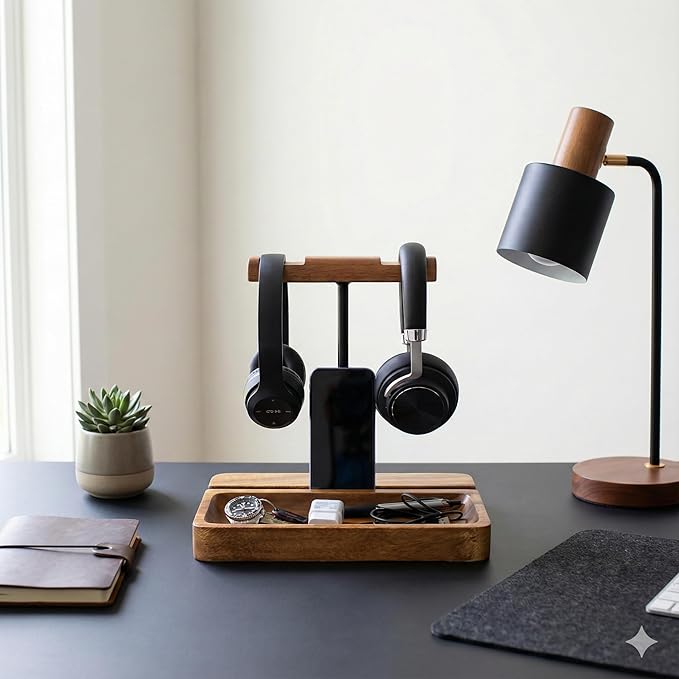 Dual Headphone Stand, Solid Acacia Wood Headset Holder for 2 Headphones, Cell Phone & Tablet, Desk Organizer Tray for iPhone, iPad, Bose, Sony, Beats, Sennheiser, Gaming & Office Desk Setup