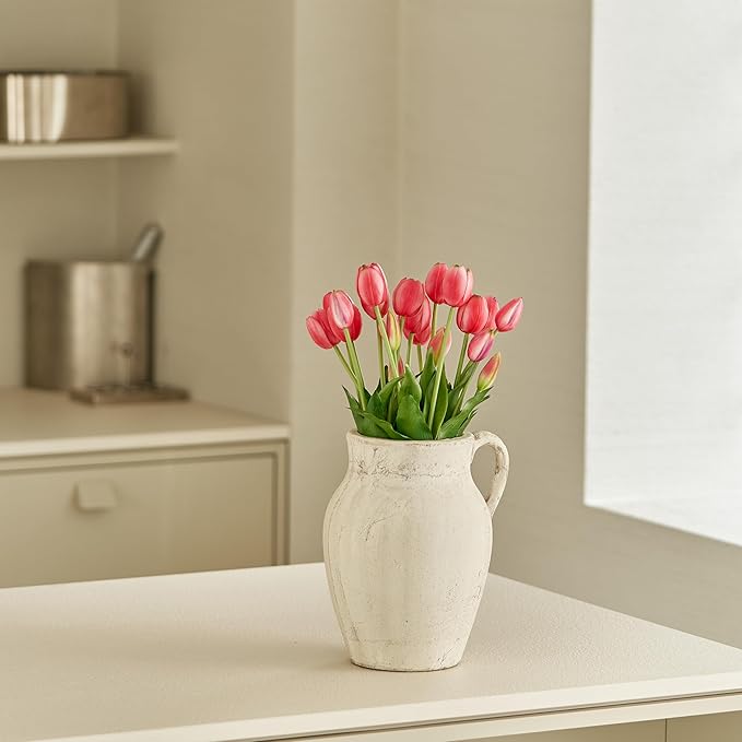 LB2 Rustic Ceramic Vase, 10.6" Tall Zen Style vase, Terra Cotta Pitcher, Distressed Farmhouse Decor, Pottery Decorative Flower Vase for Home Decor