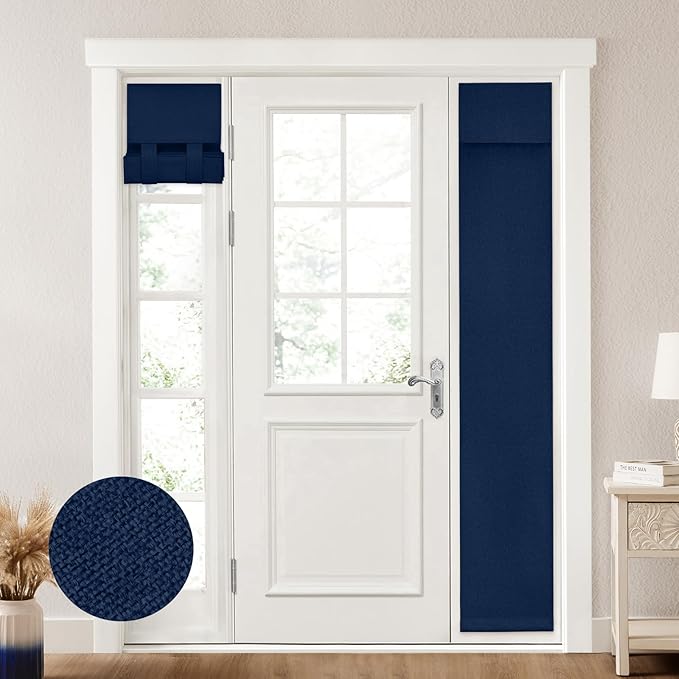 HOMEIDEAS 100% Linen Blackout Sidelight Curtains for Front Door, Side Door Window Curtains, Small Window,Thermal Insulated Covering, 1 Panel, W12 X L68 Inch, Navy