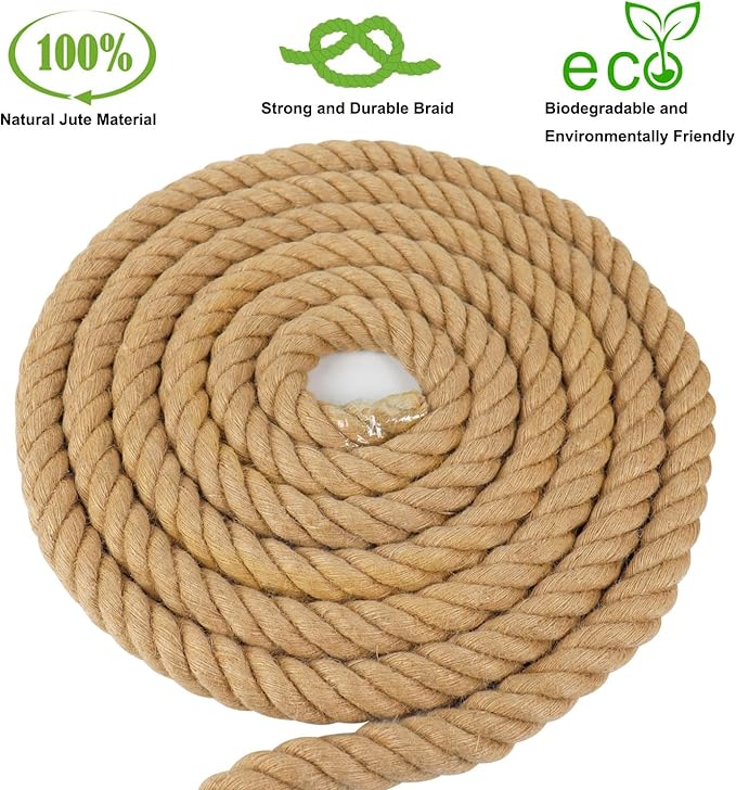 3/4 Inch Natural Jute Rope, 100 Feet Thick Hemp Rope, 4 Strands Twisted for Crafts, Railings, Hammock, Nautical, Home Decorating, Indoor/Outdoor Use