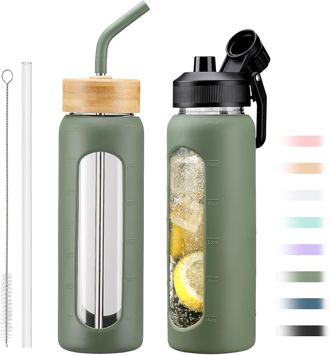 24oz Glass Water Bottle with Straw and 2 Lids-Bamboo and Spout Lid, Borosilicate Glass Water Bottle with Silicone Sleeve and Time Marker,BPA Free & Cupholder Friendly,Olive