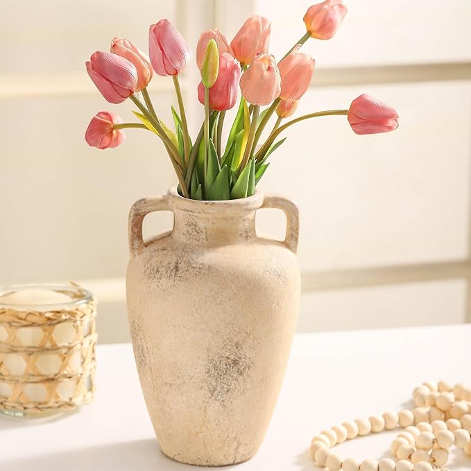 Ceramic Rustic Vase for Flower, 8.85 inch Tall Terracotta Christmas Vases with 2 Handles, Farmhouse Vase for Home Decor, Living Room Shelf Decor, Enterway, Table, Lyeec