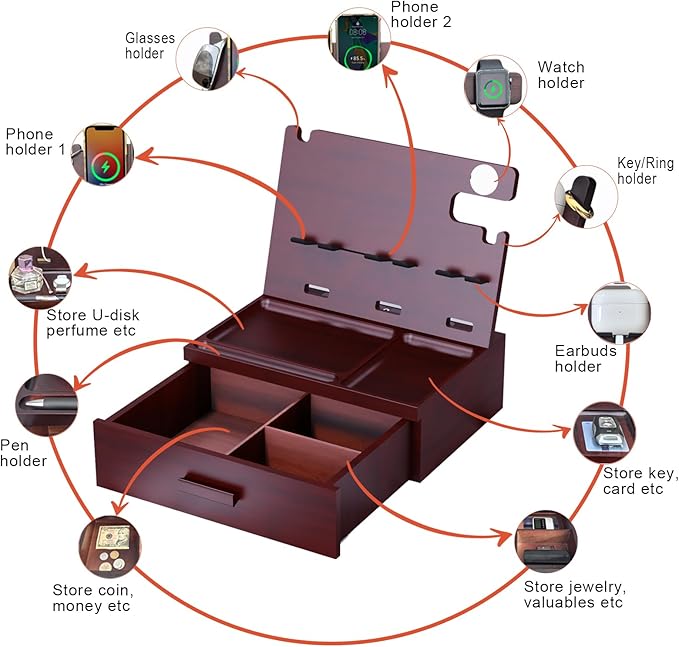 Wood Phone Docking Station with Drawer 4 USB Nightstand Organizer Charging Station with QC 3.0 & PD USB C Fast Charger for iPhone Android Mens Jewelry Box Anniversary Birthday Gifts for Men