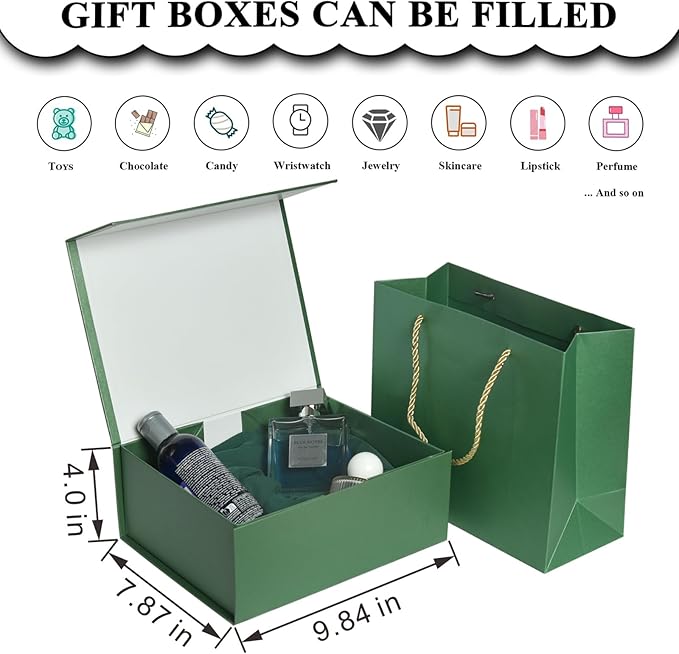 Elegant Gift Boxes with Gift Bag for Presents with Lids Magnetic Closure Rectangle Collapsible for Christmas, Valentine's Day，Birthday Gift Packging (Green)
