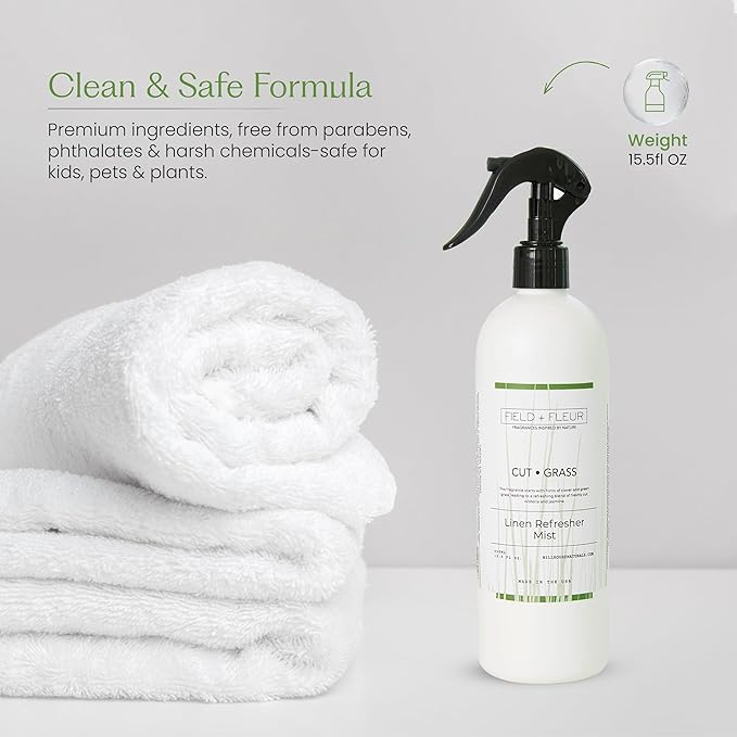 FIELD FLEUR Cut Grass Linen & Room Spray 15.5 oz - Aromatic & Refreshing Bedding & Fabric Mist - Air Freshener for Clothes & Sofas - Notes of Clover, Green Grass, Wisteria & Jasmine - Made in USA