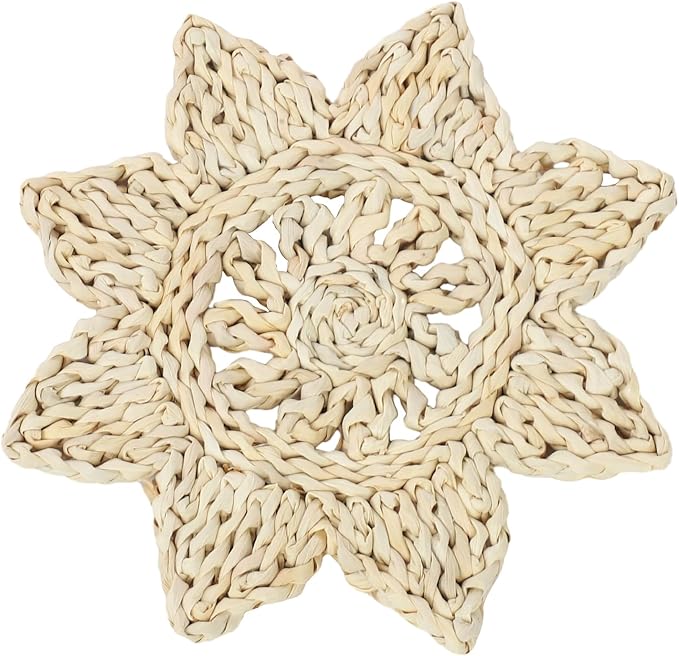 12pcs Corn Husk Placemats Placemats, Boho Wovean Rattan Table Mats, Farmhouse Wicker Spring P lacemats for Restaurant Dining Table Dessert Shops Coffee Shops 11.81in Polygonal Star