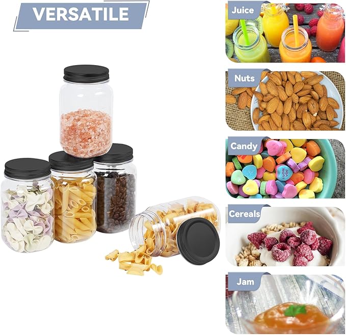 novelinks 16 oz Clear Plastic Jars with Screw-On Lids - BPA-Free Refillable Storage Containers for Slime, Food, Crafts, Kitchen & Household Use (24 Pack,Black)