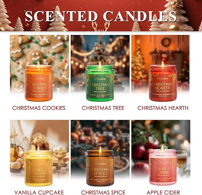 6Pack Christmas Soy Candles Gift Set Non-Toxic Aromatherapy Scented Candles for Holiday Gifts, Luxury Decorative Candle, Vinilla/Lavender/Pine/Cookies/Apple/Cupcake Jar Candle, Winter Candle Set