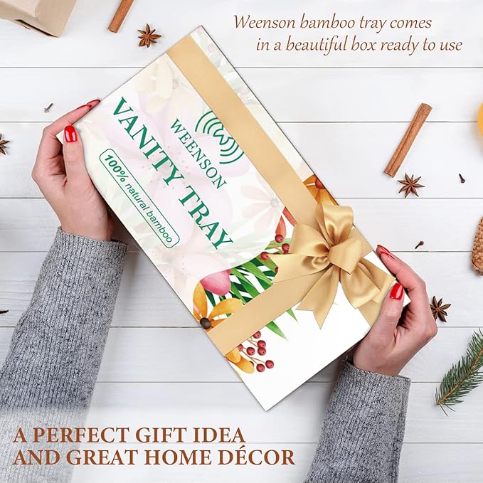 Bathroom Vanity Tray for Countertop - Bamboo Organizer Tray for Dresser Tops, Toilet, Perfume Small Decorative Wood Tray for Home Decoration 11.4” L x 6.1” W x 0.7” H (Black)