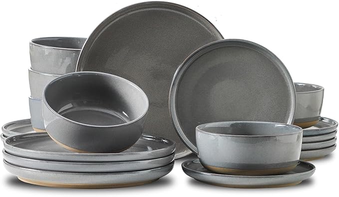 HASENSE Stoneware 18 Pieces Plates and Bowls Sets, Porcelain Dinnerware Sets for 6, Ceramic Dishes Sets with Speckled Pattern, Scratch Resistant Microwave and Dishwasher Safe, Dark Gray