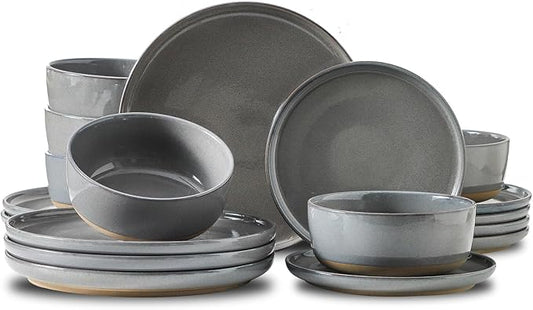 HASENSE Stoneware 18 Pieces Plates and Bowls Sets, Porcelain Dinnerware Sets for 6, Ceramic Dishes Sets with Speckled Pattern, Scratch Resistant Microwave and Dishwasher Safe, Dark Gray