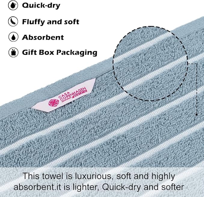 CASA COPENHAGEN Ecstatic 6 Pieces Towel Set- Dusty Blue, 600 GSM 2 Bath Towel 2 Hand Towel 2 Washcloth, Designed in Denmark Made of Soft Egyptian Cotton for Bathroom, Kitchen & Shower