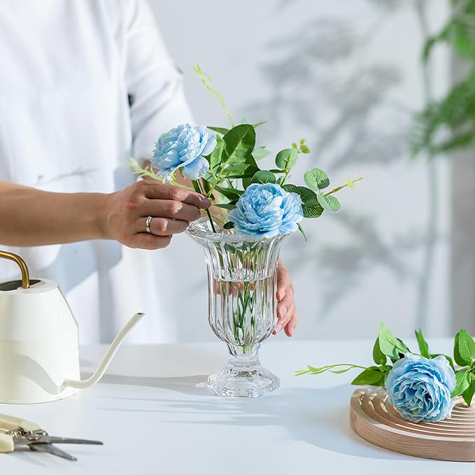 Glasseam Ribbed Glass Vase for Flowers, 7.5in Tall Vases for Centerpieces, Modern Crystal Clear Vase Set of 12, Decorative Flower Vases for Decor, Fluted Footed Urn for Wedding Dining Table Decoration